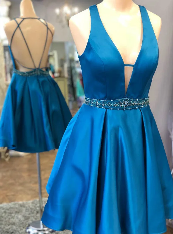 Skater DressRoyal Blue Satin Deep V-neck Backless Homecoming Dress