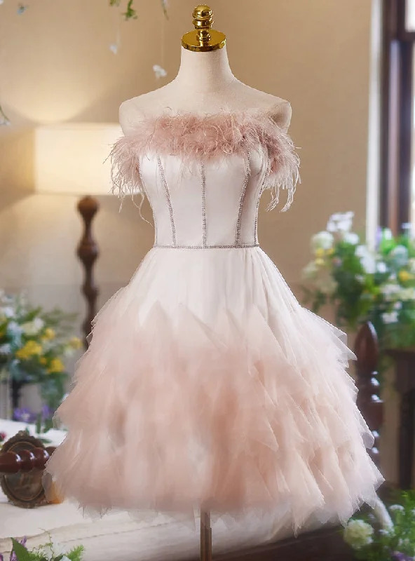 Off-The-Shoulder DressPink Tulle Strapless Feather Homecoming Dress