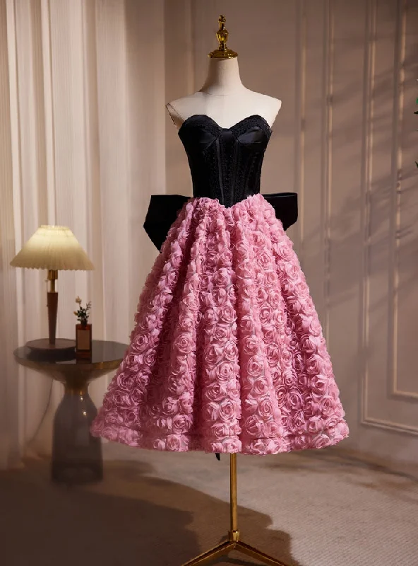 women's boho dressesPink Flower Strapless Homecoming Dress With Bow
