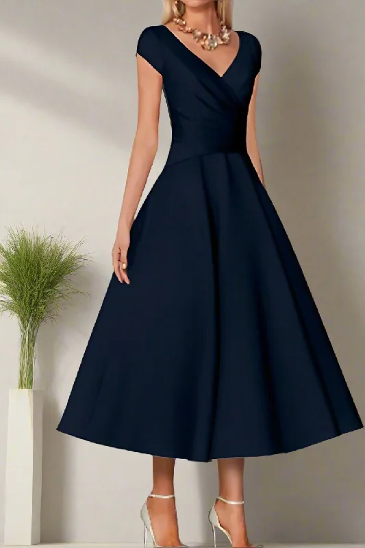 Statement DressV Neck Ruched Tea Length A-Line Mother of the Bride Dress