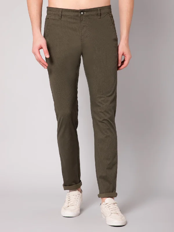 Men's Pants with Faux Leather PatchesMen's Casual Flat front Olive Green  Trousers