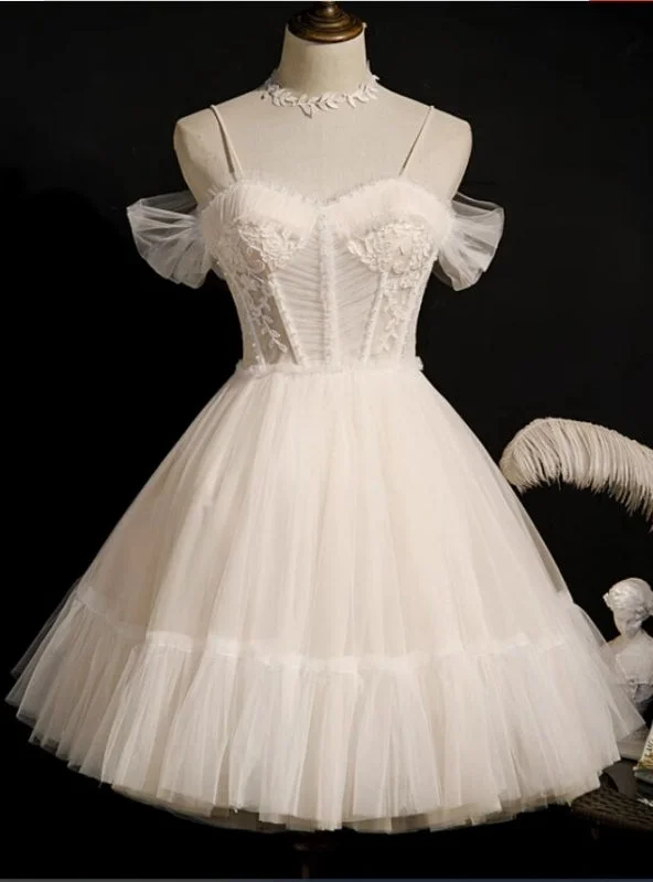 Plunging Neckline DressIvory Tulle Appliques Pleats Homecoming Dress