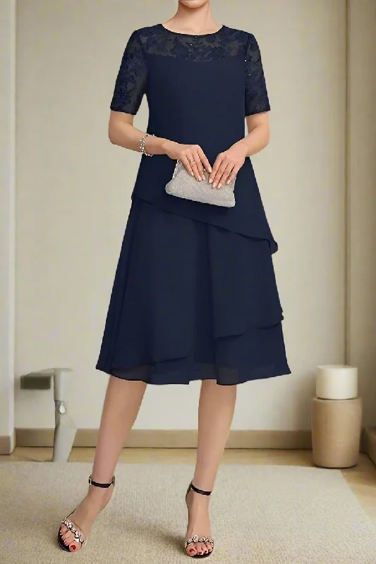 women's bell-sleeved dressesKnee Length Chiffon Short Sleeves A-Line Mother of the Bride Dress