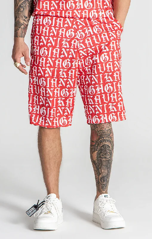 Men's Pants with Slant PocketsRed Message Loose Shorts