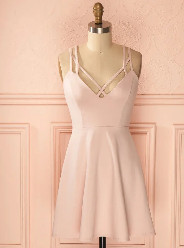Tall Women DressSexy A-Line Criss-Cross Straps Light Pink Satin Homecoming Dresses With Pleats