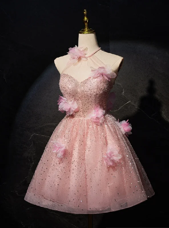 women's stylish dressesPink Sequins Halter Flower Homecoming Dress