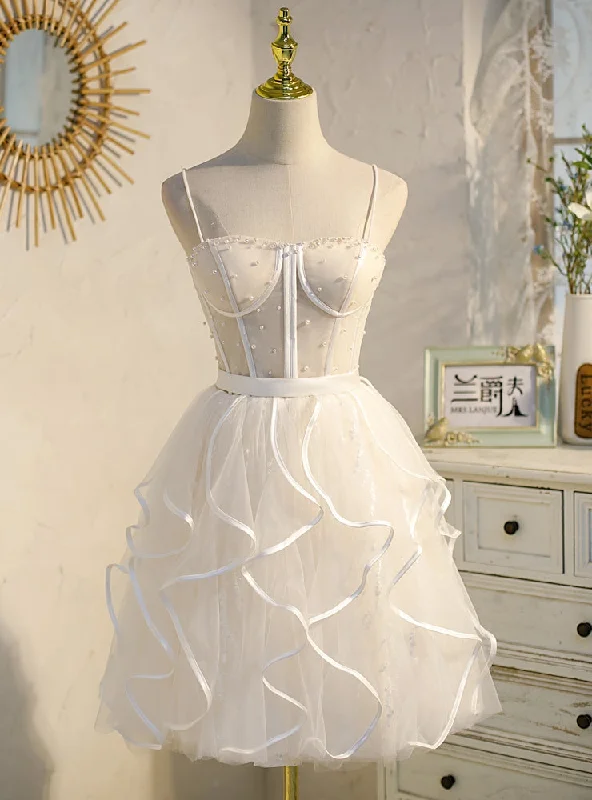 Petite DressIvory Tulle Spaghetti Straps Pearls Homecoming Dress