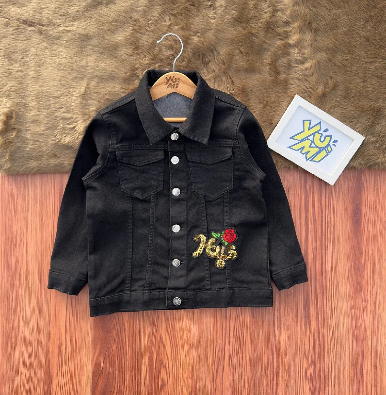 Best Fitting Men's JeansStylish Girls Black Denim Jacket with Sequin Rose Patch