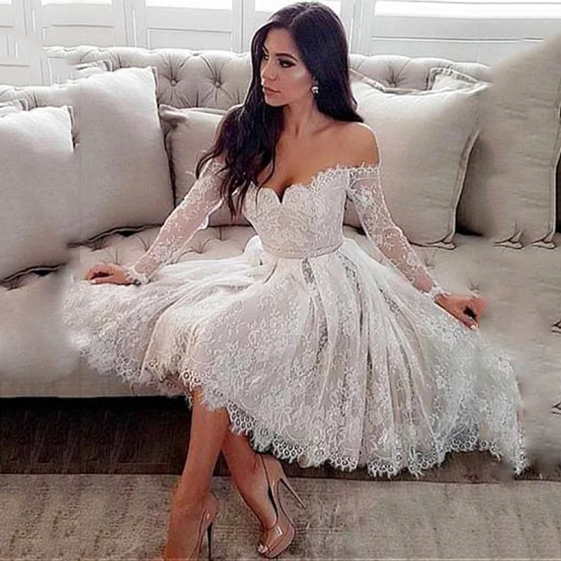 women's ball gown dressesRoycebridal Elegent Lace Short Dress Wedding Off The Shoulder Knee-length Long Sleeve Wedding Dress With Belt Illusion Bridal Wedding Gowns women's ball gown dressesRoycebridal Elegent Lace Short Dress Wedding Off The Shoulder Knee-length Long Sleeve Wedding Dress With Belt Illusion Bridal Wedding Gowns