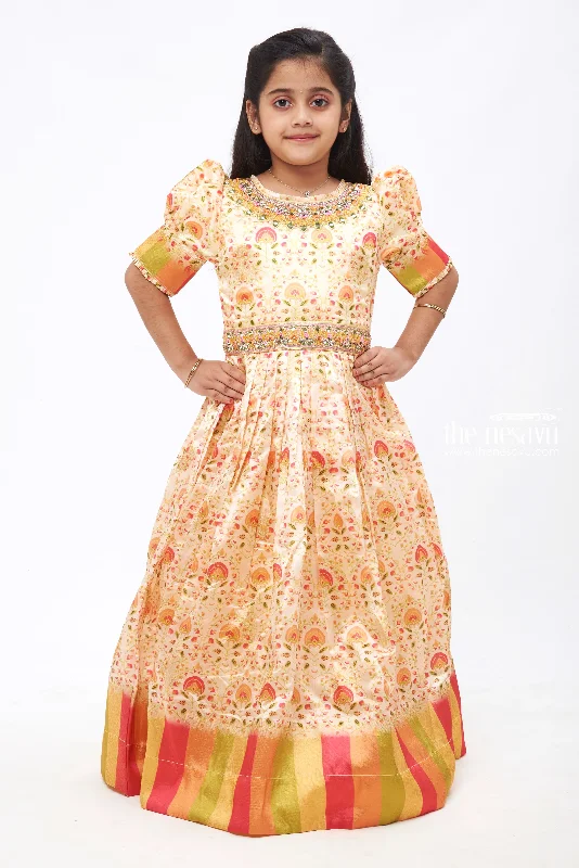 Velveteen DressGolden Radiance: Girls Mirror Embroidered Yellow Party Gown