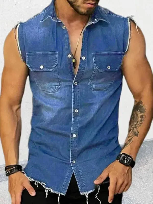 Men's Tailored Shirts for a Sharp AppearanceDistressed Sleeveless Men Denim Shirt