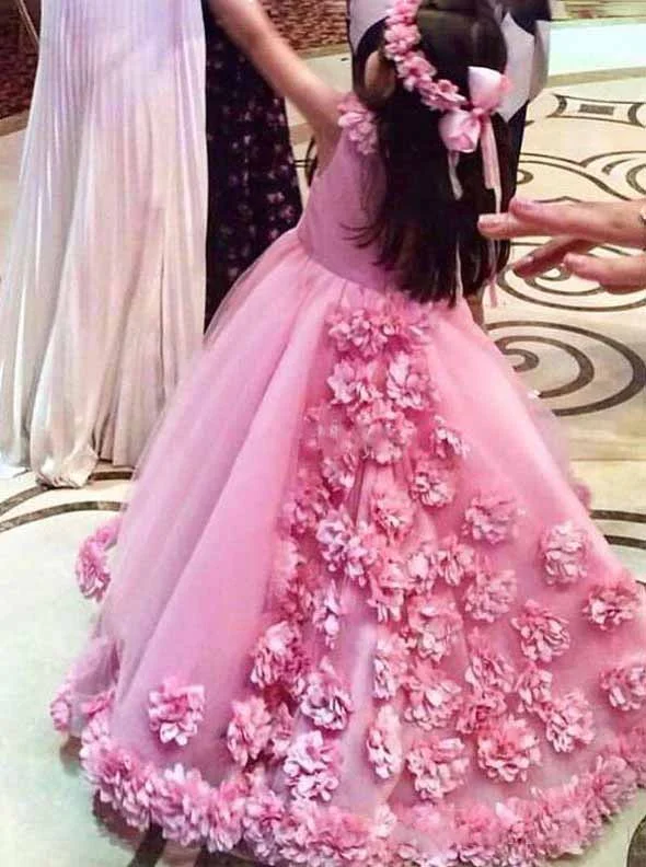 Sequined DressCute Jewel Neck Ball Gown Hot Pink Flower Girls Dress With 3D Floral Appliques OF128