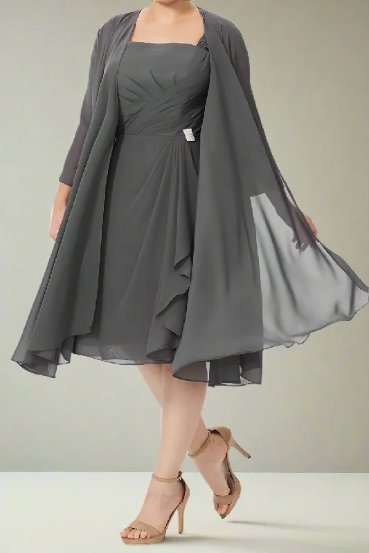 Leather DressGray A-Line Knee Length Pleats Mother of The Bride Dresses