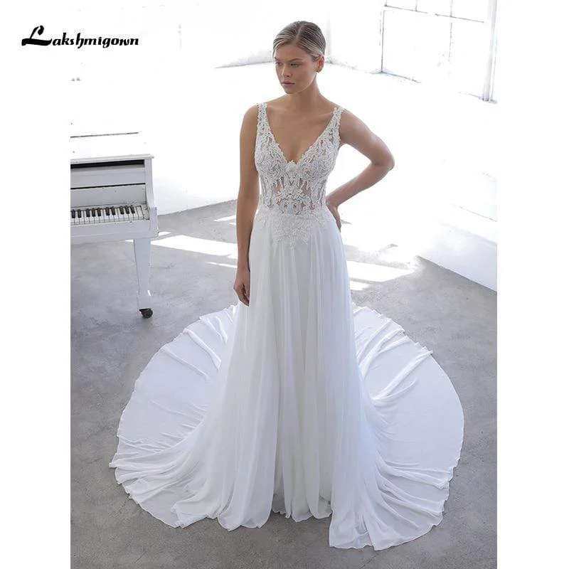 women's lace-up dressesElegant Bohemian A Line Chiffon Wedding Dresses Beach