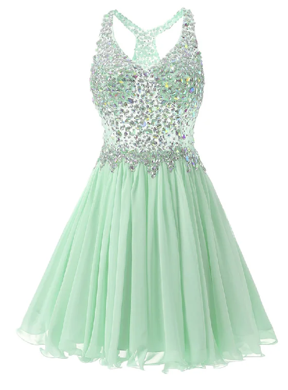 women's halter dressesMint Green Chiffon V-neck Homecoming Dress
