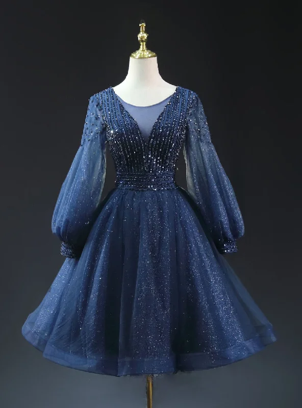 women's bodycon dressesNavy Blue Sequins Long Sleeve Beading Homecoming Dress