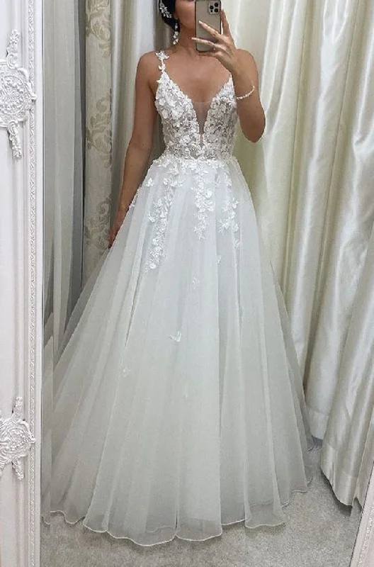 women's short-sleeved dressesWomen A-Line Lace Wedding Dresses Sleeveless V-Neck Appliques Bridal Gowns YWD237