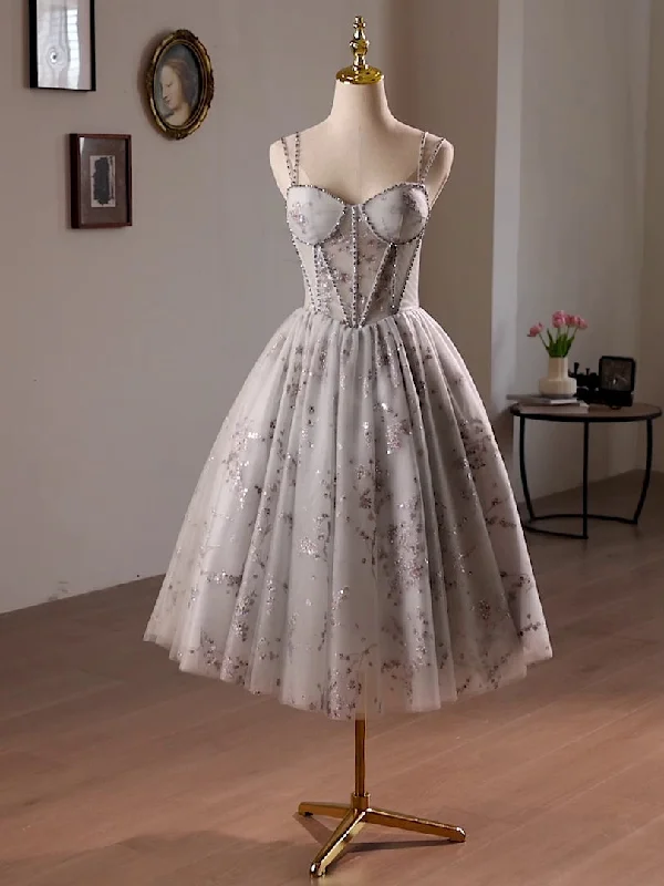 Sheath DressGray Tulle Sequins Straps Homecoming Dress