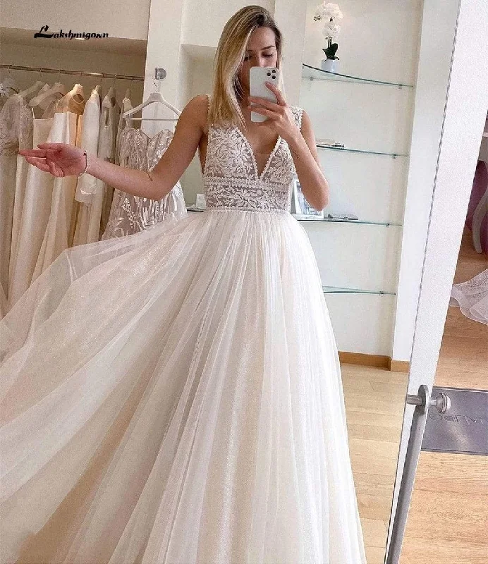 women's vintage dressesRoycebridal Light Champagne Wedding Dress V-Neck Sleeveless