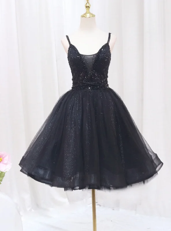 women's lace dressesLitter Black Tulle Sequins Spaghetti Straps Homecoming Dress