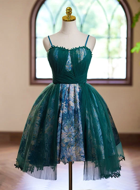 Knit DressGreen Tulle Print Spaghetti Straps Homecoming Dress