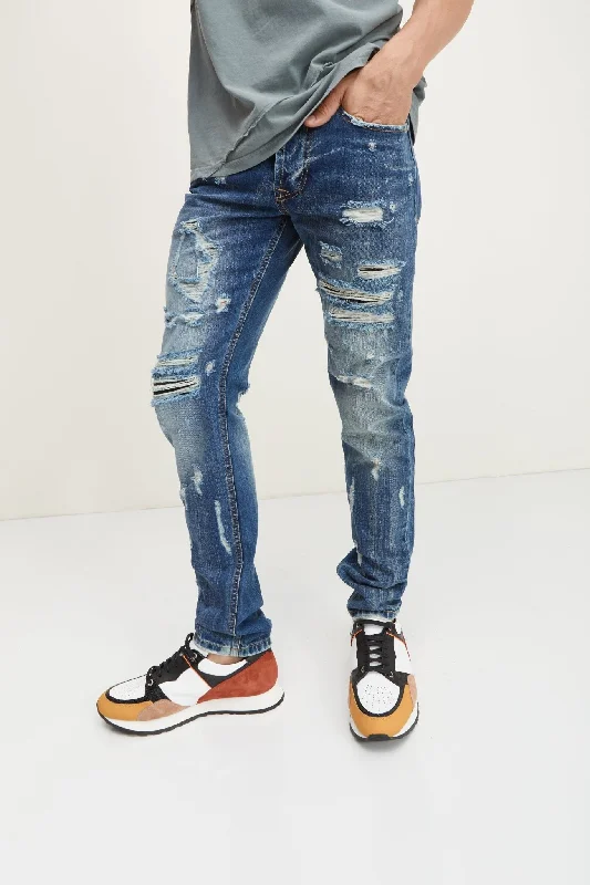 Hipster Skinny Men's JeansSlim Straight Cotton Denim Jeans - Navy