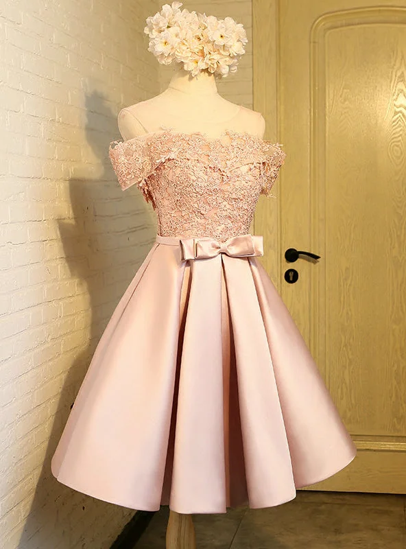 women's handmade dressesPink Satin Appliques With Bow Homecoming Dress