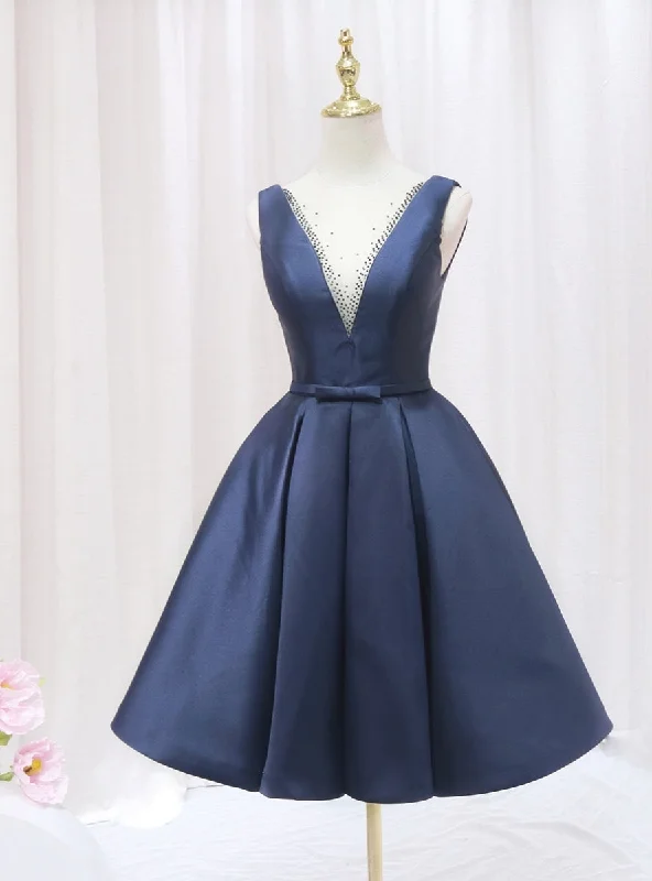 women's cinched-waist dressesNavy Blue Satin See Through V-neck Homecoming Dress