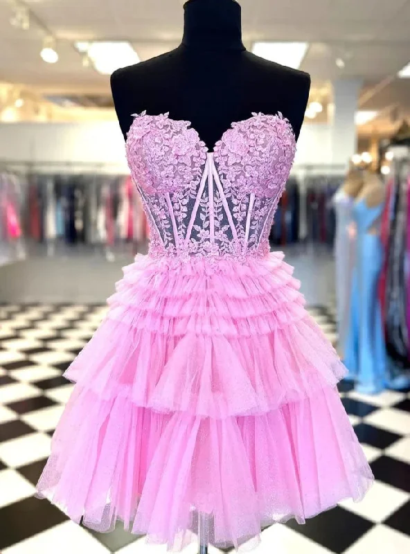 Short-Sleeve DressPink Tulle Sweetheart Appliques Tiers Homecoming Dress