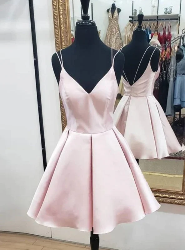 women's lightweight dressesPink Satin V-neck Homecoming Dress
