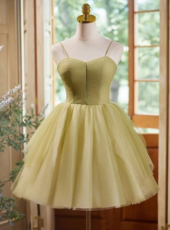 Bohemian DressSexy Green Tulle Spaghetti Straps Pleats Homecoming Dress