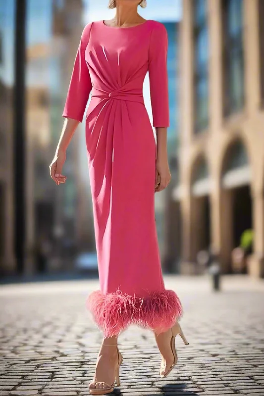 women's flutter-sleeved dressesHalf Sleeves Sheath Ankle Length Mother of the Bride Dress with Feathers
