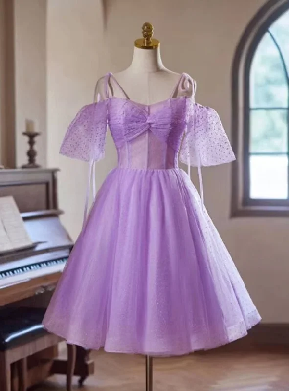 Floral DressPurple Tulle Spaghetti Straps Pleats Homecoming Dress