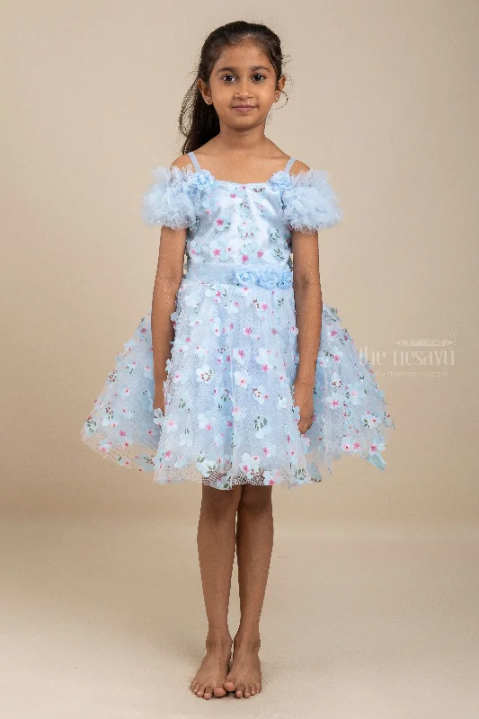 Flutter-Sleeve DressSteel Blue Floral Designer Tutu Party Frock For Baby Girls