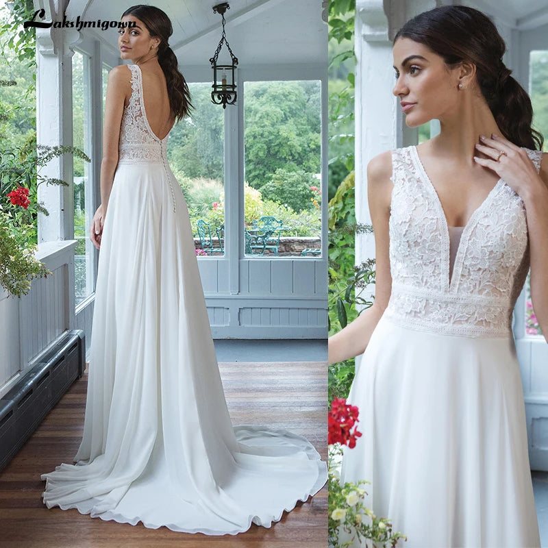 women's retro dressesRoycebridal Chiffon Wedding Dresses V-Neck A-line Dress with Full Chiffon Skirt Bruidsjurk Chic Bridal Dresses Lace Bodice
