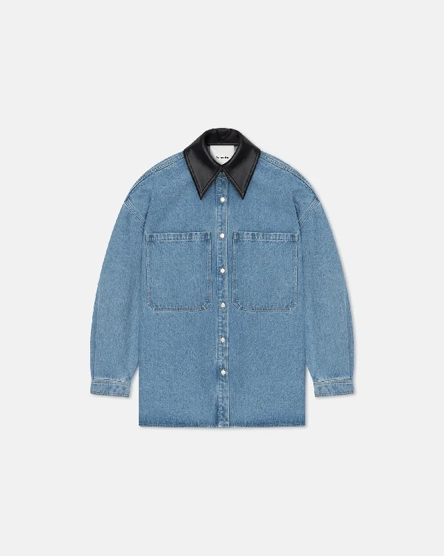 Men's Coats for SpringBeaux - Leather-Trimmed Denim Shirt - Mid Blue