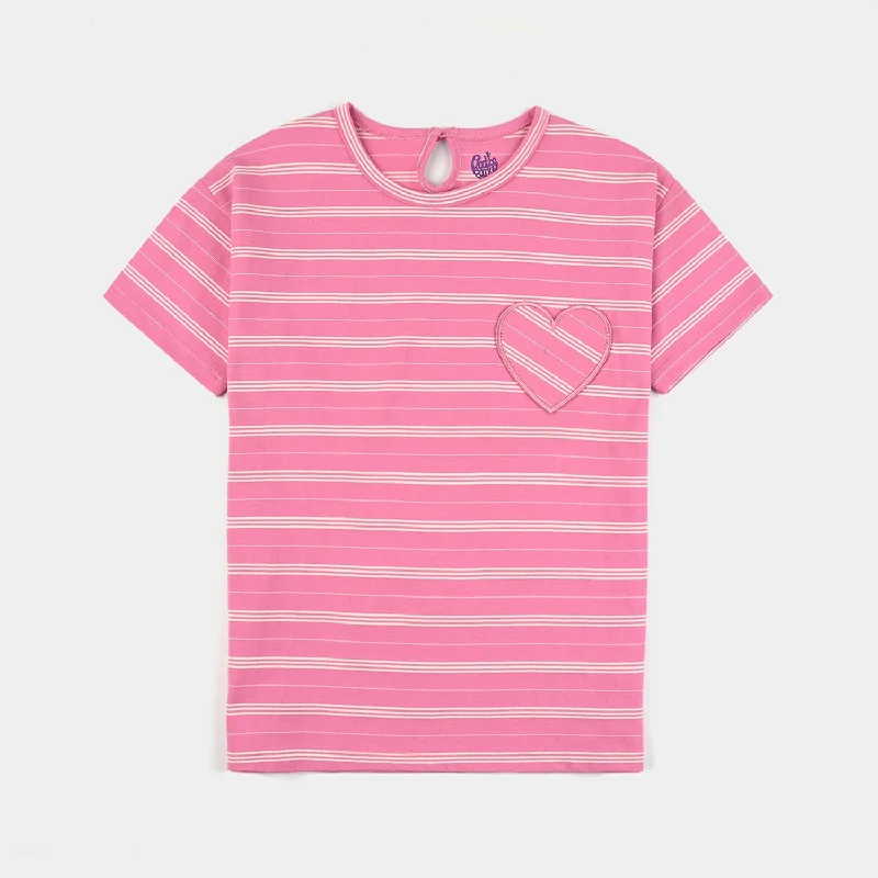 Men's Shirts with Abstract DesignsGirls Yarn Dyed T-Shirt H/S HEART POCKET-Hot Pink Men's Shirts with Abstract DesignsGirls Yarn Dyed T-Shirt H/S HEART POCKET-Hot Pink