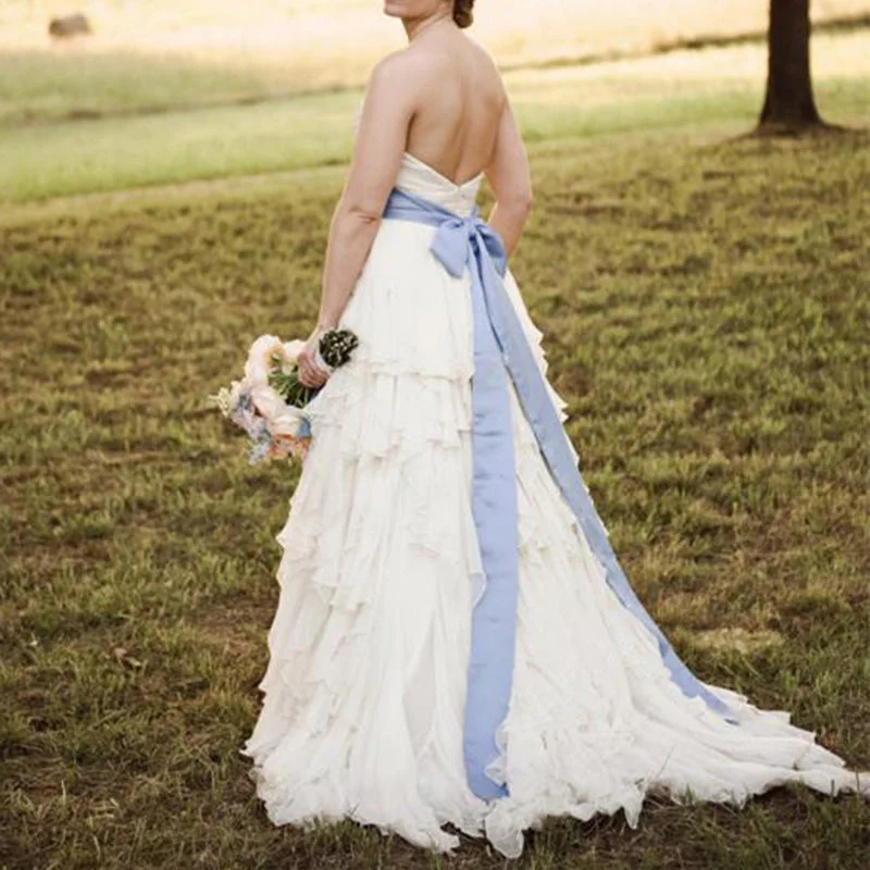 women's vintage dressesWD5539 Sweetheart Tiered Chiffon Beach Wedding Dress with Blue Belt Bridal Gown Summer Backless 2018