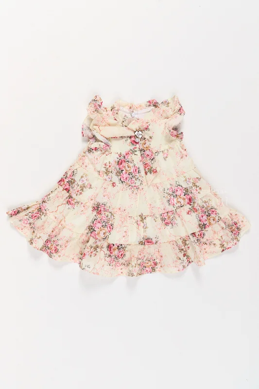Leather DressParty Frock New with Floral Prints and Ruffled Tiers for Girls