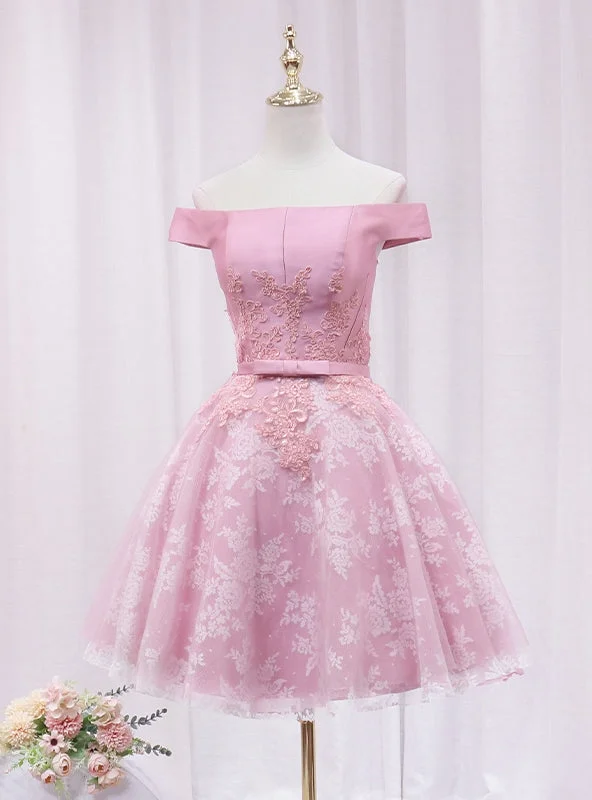 Evening DressPink Tulle Lace Off the Shoulder Appliques Homecoming Dress