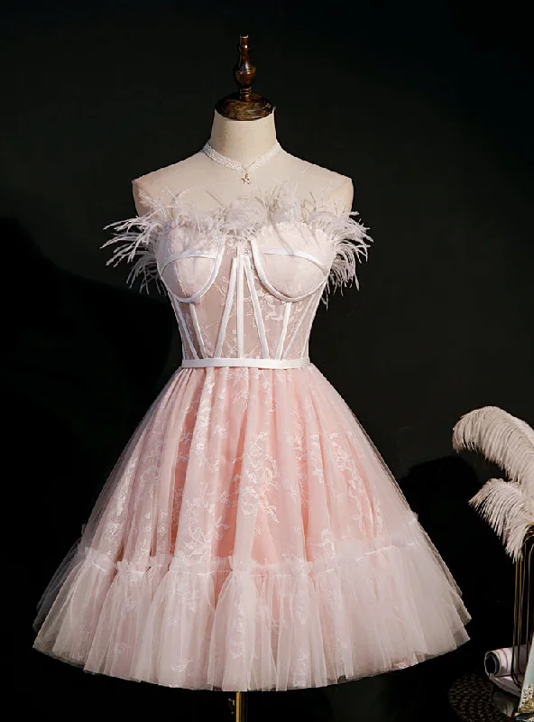 Formal DressPink Tulle Lace Feather Homecoming Dress