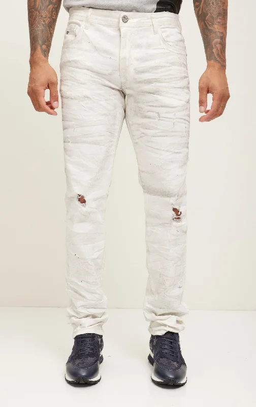 Mid-Waisted Men's JeansFitted Splat And Smoked Denim - White
