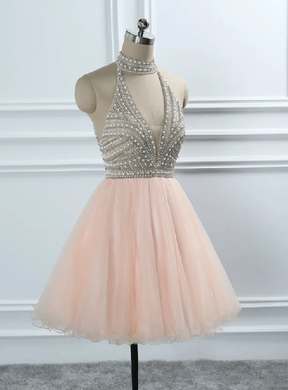 Solid Color DressHalter Backless Crystal Beading Tulle Homecoming Dresses Sweet 16