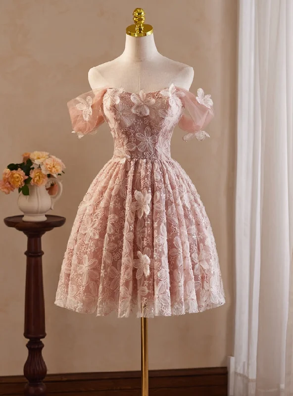 Party DressPink Tulle Lace Flower Homecoming Dress