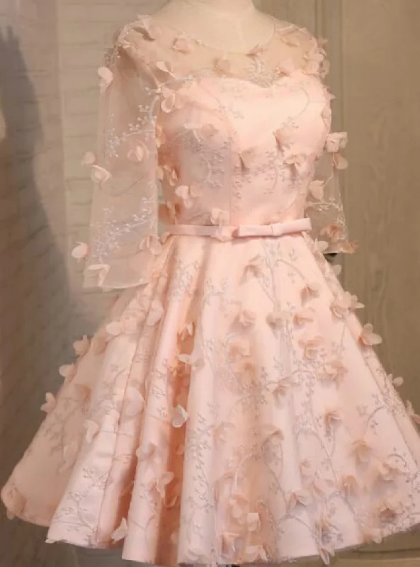 women's trendy dressesPink Short Sleeve Flower Homecoming Dress