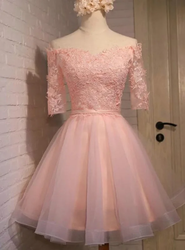 Cocktail DressPink Tulle Lace Off The Shoulder Homecoming Dress