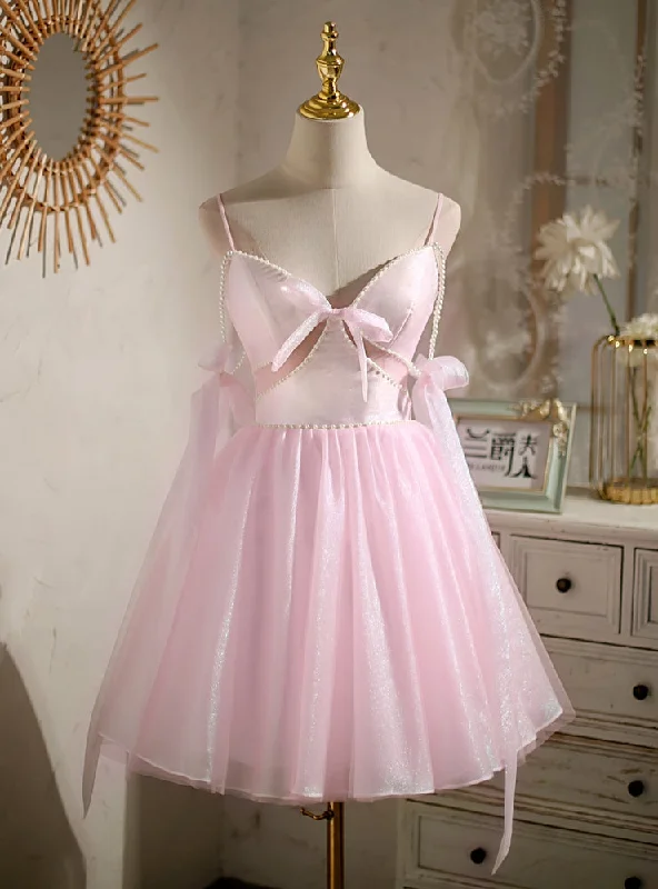 High-Low DressPink Tulle Spaghetti Straps Pearls Homecoming Dress