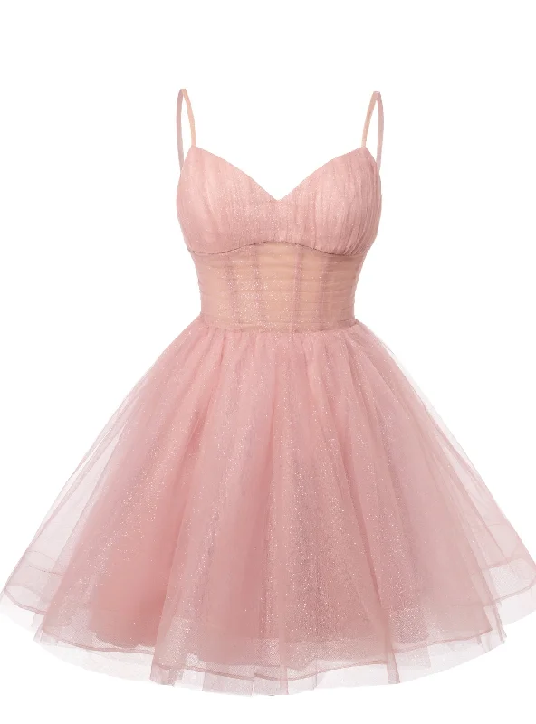 Floor-Length DressPink Tulle Sequins Spaghetti Straps Homecoming Dress