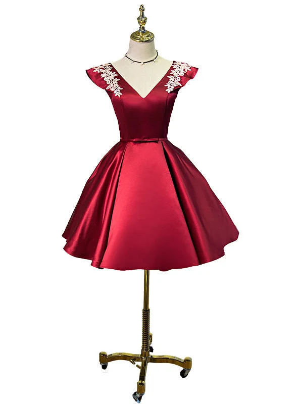 Sequined DressRed Satin Cap Sleeve V-neck Homecoming Dresses