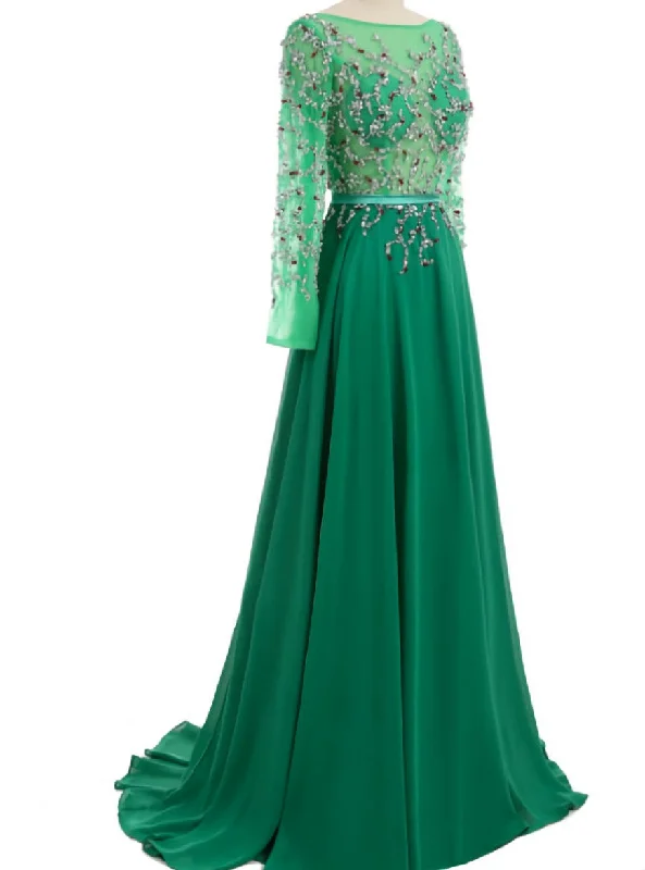 High-Low DressGreen Open Back Long Sleeve Crystal Evening Gown Eevening Gown
